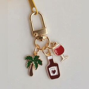 BAG CHARM  A Bottle, A Glass of Wine Palm tree Keychain Zipper Pull NIP